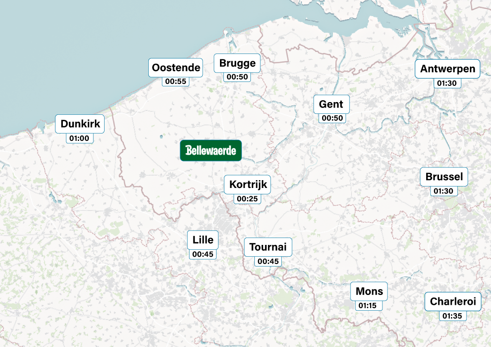 Kaart met de ligging van Bellewaerde ten opzichte van Kortrijk, Brugge, Oostende, Gent, Brussel en Antwerpen.